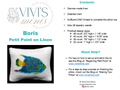 Instruction sheet for 'Boris Petit Point on Linen' by Vivi's Minis, showing a finished petit point pillow with a colorful angelfish design on a white linen background, alongside text detailing the kit's contents, sizes, and online resources.