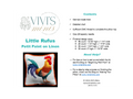 A product information sheet for 'Little Rufus Petit Point on Linen' by ViVi's Minis, featuring a photo of a finished petit point pillow with a rooster, a size chart, and a list of contents on a white background.
