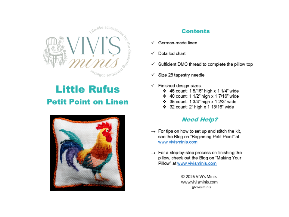 A product information sheet for 'Little Rufus Petit Point on Linen' by ViVi's Minis, featuring a photo of a finished petit point pillow with a rooster, a size chart, and a list of contents on a white background.