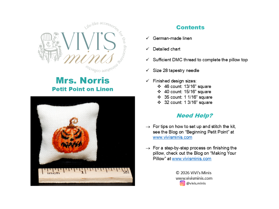 A product information card for the Vivi’s Minis Mrs. Norris Petit Point Pillow on Linen kit.