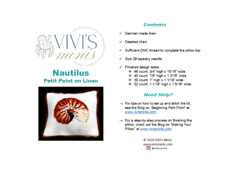 A  content sheet for 'Nautilus Petit Point on Linen' by Vivi's Minis, featuring a photo of a finished petit point pillow, a list of contents, stitch sizes, and blog links on a white background.