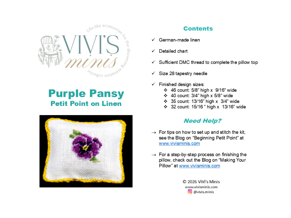 Cover of the kit information sheet for the 'Purple Pansy Petit Point Pillow on Linen.' The sheet includes the brand logo, a list of contents, sizing information, and a photo of the finished product: a white linen pillow with a purple pansy and yellow border.