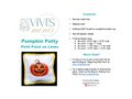 A product information card for Vivi's Minis 'Pumpkin Patty' Petit Point on Linen. The card features the brand logo, a completed cross-stitch pillow with a pumpkin design, and a bulleted list of contents detailing the materials, size, and finished design sizes.