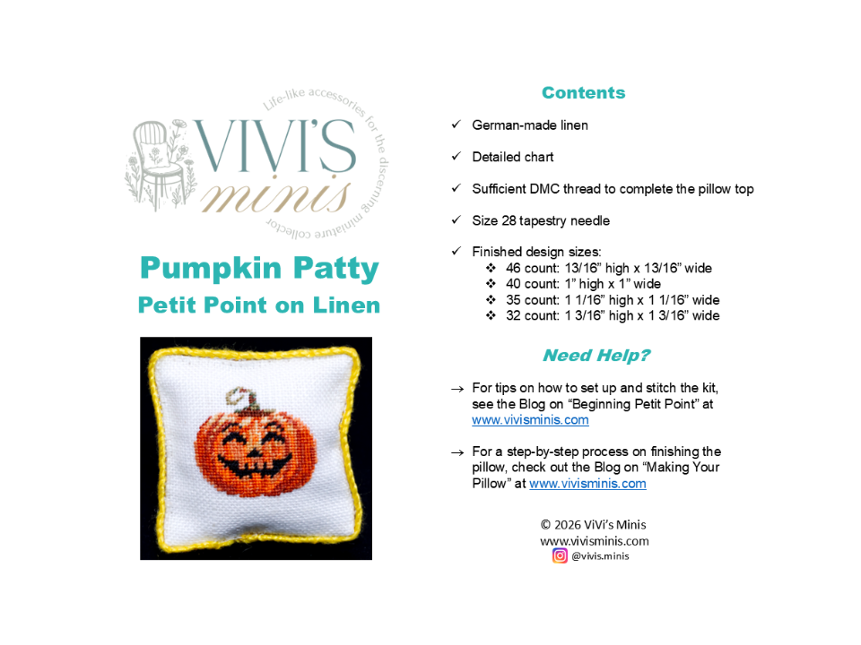 A product information card for Vivi's Minis 'Pumpkin Patty' Petit Point on Linen. The card features the brand logo, a completed cross-stitch pillow with a pumpkin design, and a bulleted list of contents detailing the materials, size, and finished design sizes.