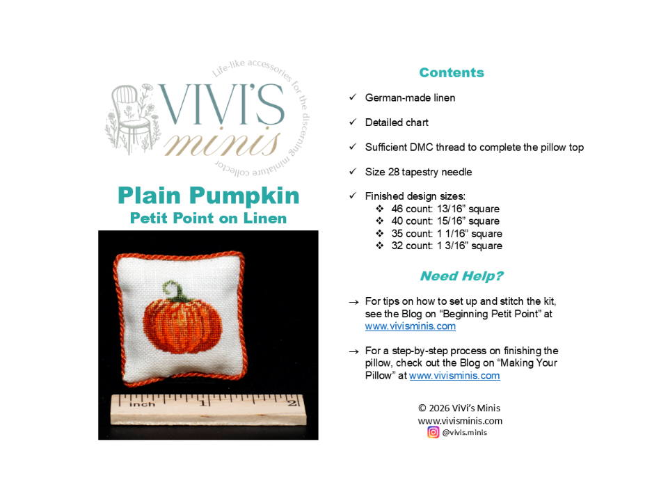 Cover of kit instruction sheet for a mini petit point linen pillow 'Plain Pumpkin'. The left side features a photo of a finished white linen pillow with an orange embroidered border and a pumpkin design, shown next to a wooden ruler for scale.