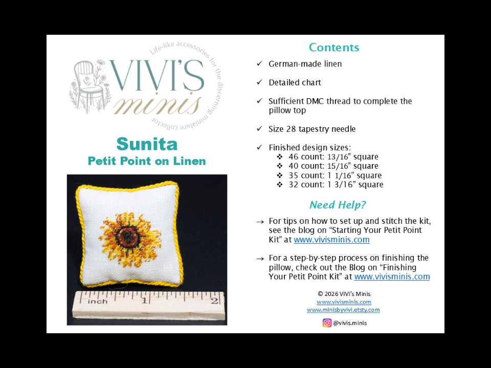 The cover of the Sunita Sunflower Petit Point on Linen kit. The left side features a photo of a finished square white pillow with a yellow border and a sunflower design, placed on a ruler.