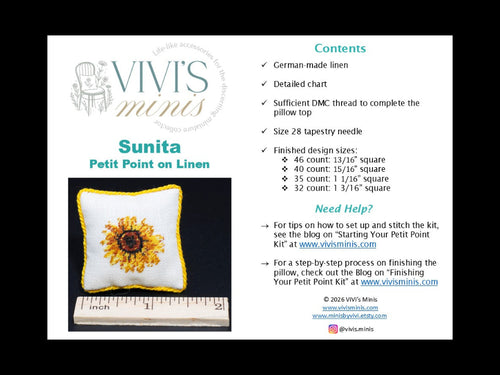 The cover of the Sunita Sunflower Petit Point on Linen kit. The left side features a photo of a finished square white pillow with a yellow border and a sunflower design, placed on a ruler.