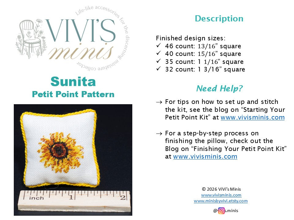 Sunita petit point pattern cover showing a sunflower pillow and finished design sizes